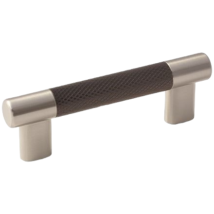 Modern cabinet pull with satin nickel ends and textured oil rubbed bronze grip for hardware and furniture accessories collections