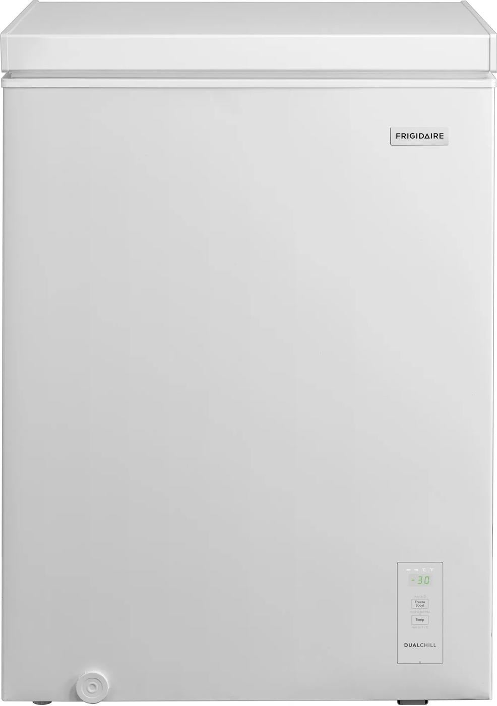 Compact white chest freezer with top lid, digital control panel, and dual-chill function, suitable for home improvement in Freezers & Ice Makers and Kitchen & Kitchenware collections.