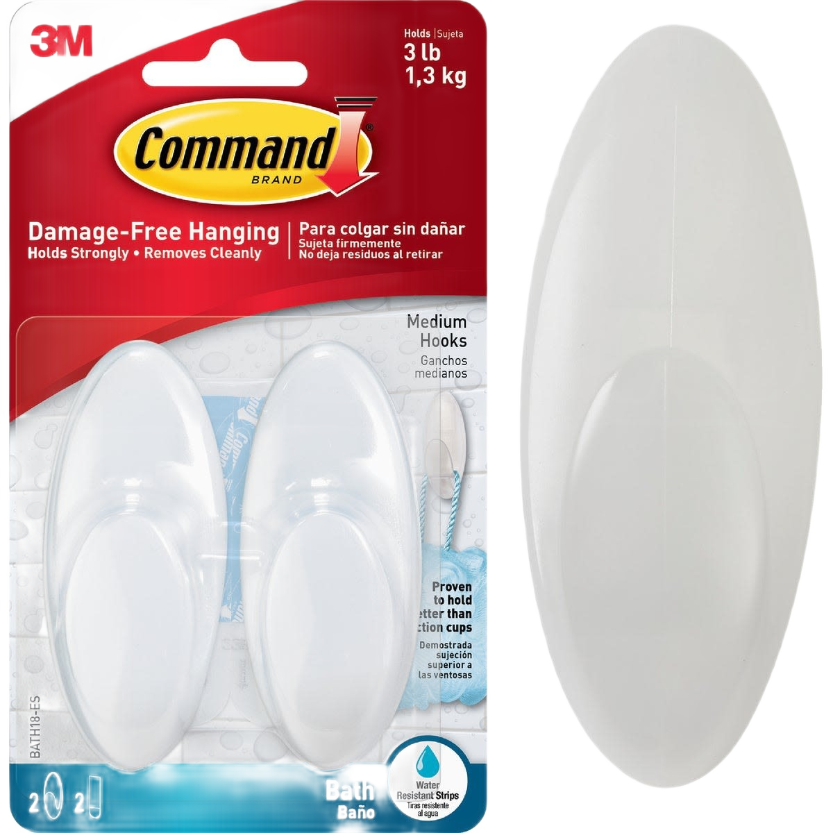 Pair of white medium-sized adhesive hooks designed for damage-free hanging in home improvement projects