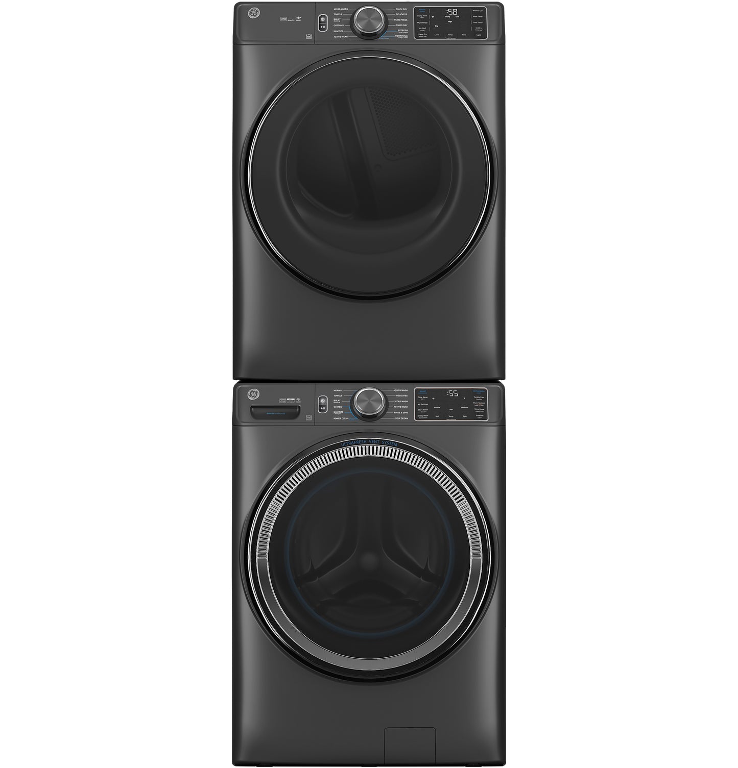 Stacked dark gray front load washer and matching dryer with digital control panels in washer and dryer collection