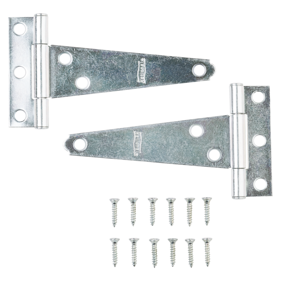 Two silver metal 4-inch light duty T-hinges with screws for home improvement and door installation projects