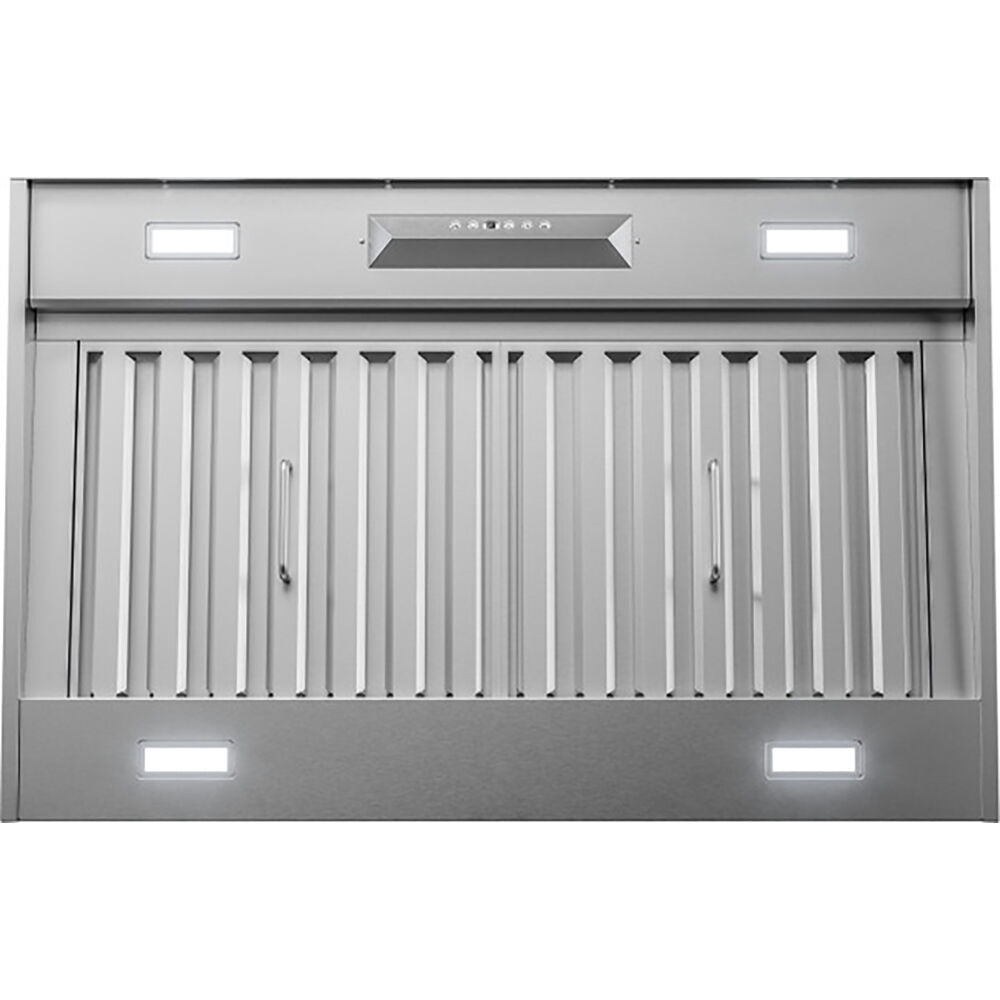 Stainless steel insert range hood with built-in LED lights and modern ventilation design for kitchen appliances collection