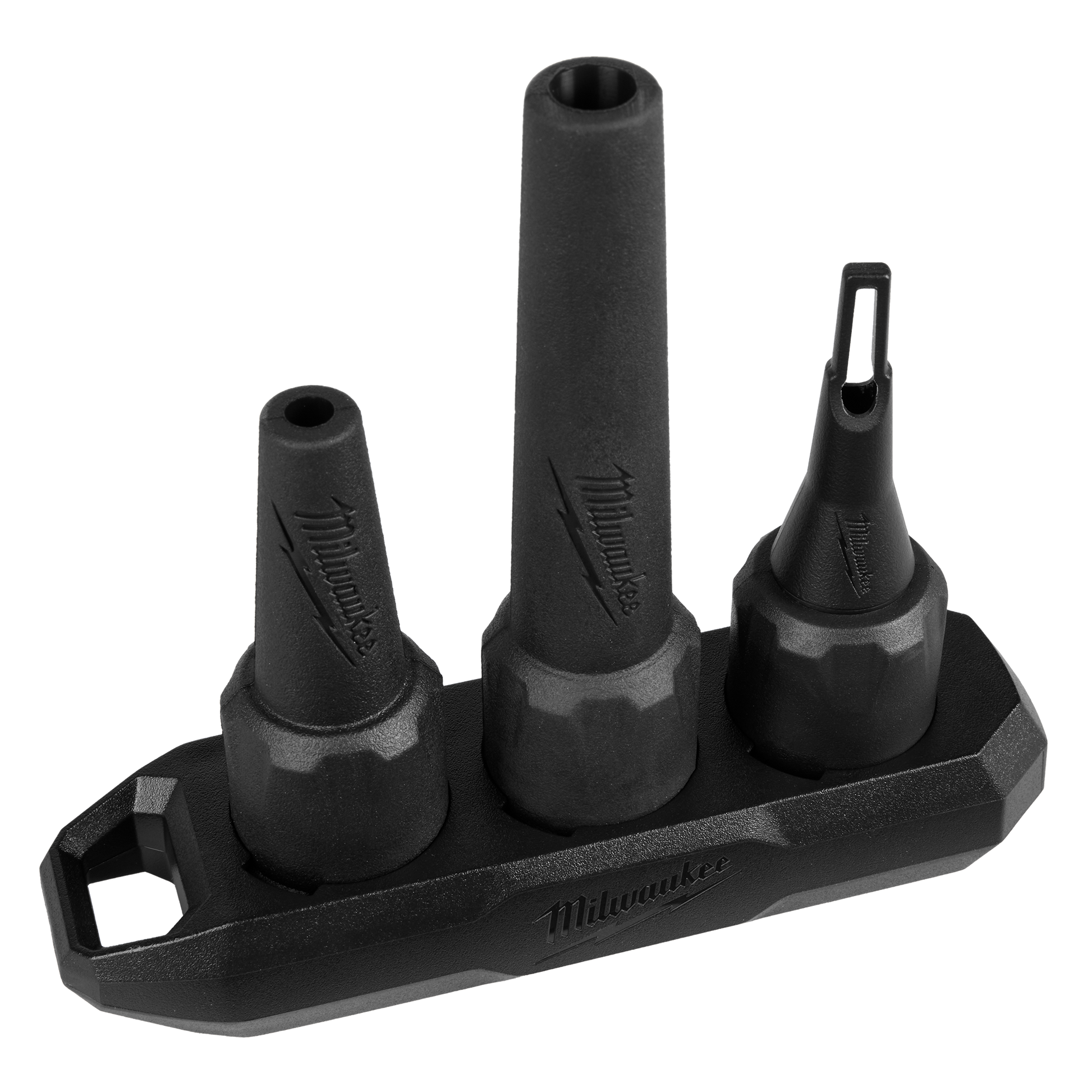Set of three black Milwaukee replacement nozzles designed for precision airflow control, compatible with Milwaukee M18 power tools at Hartville Hardware.