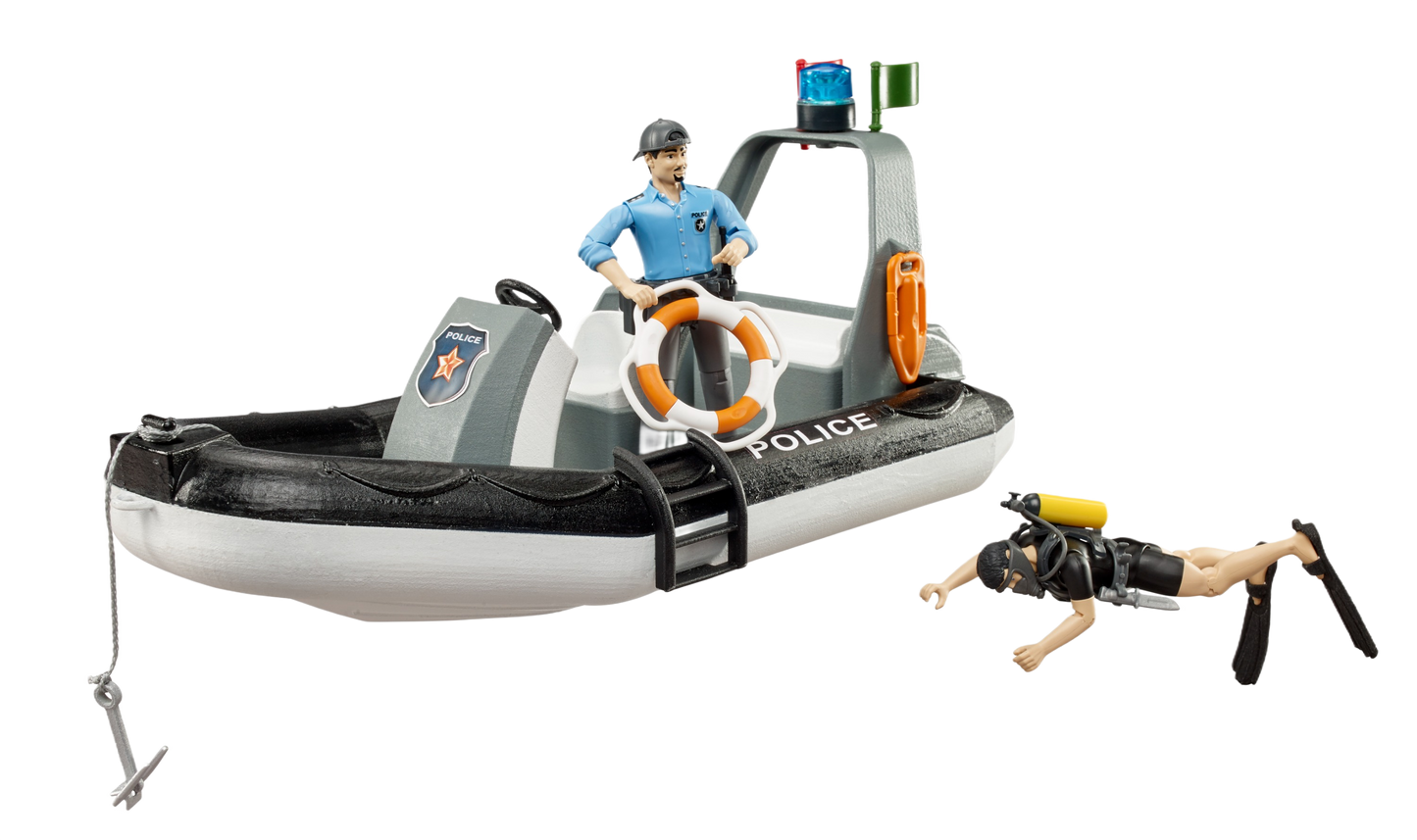 Police rescue boat toy with rotating beacon light, life ring, and diver figure for imaginative play and display