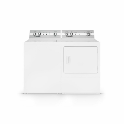 White top load washer and matching dryer pair with control knobs, part of washers and dryers appliance collection