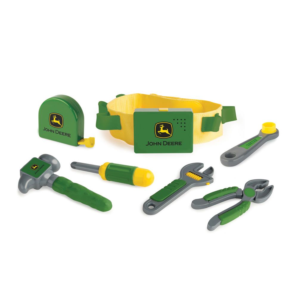 Children’s toolbelt playset with six plastic tools featuring green and yellow handles for educational play under $50 collection