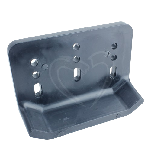 Black plastic snowblower skid shoe housing with multiple mounting holes for outdoor tools and home improvement tasks