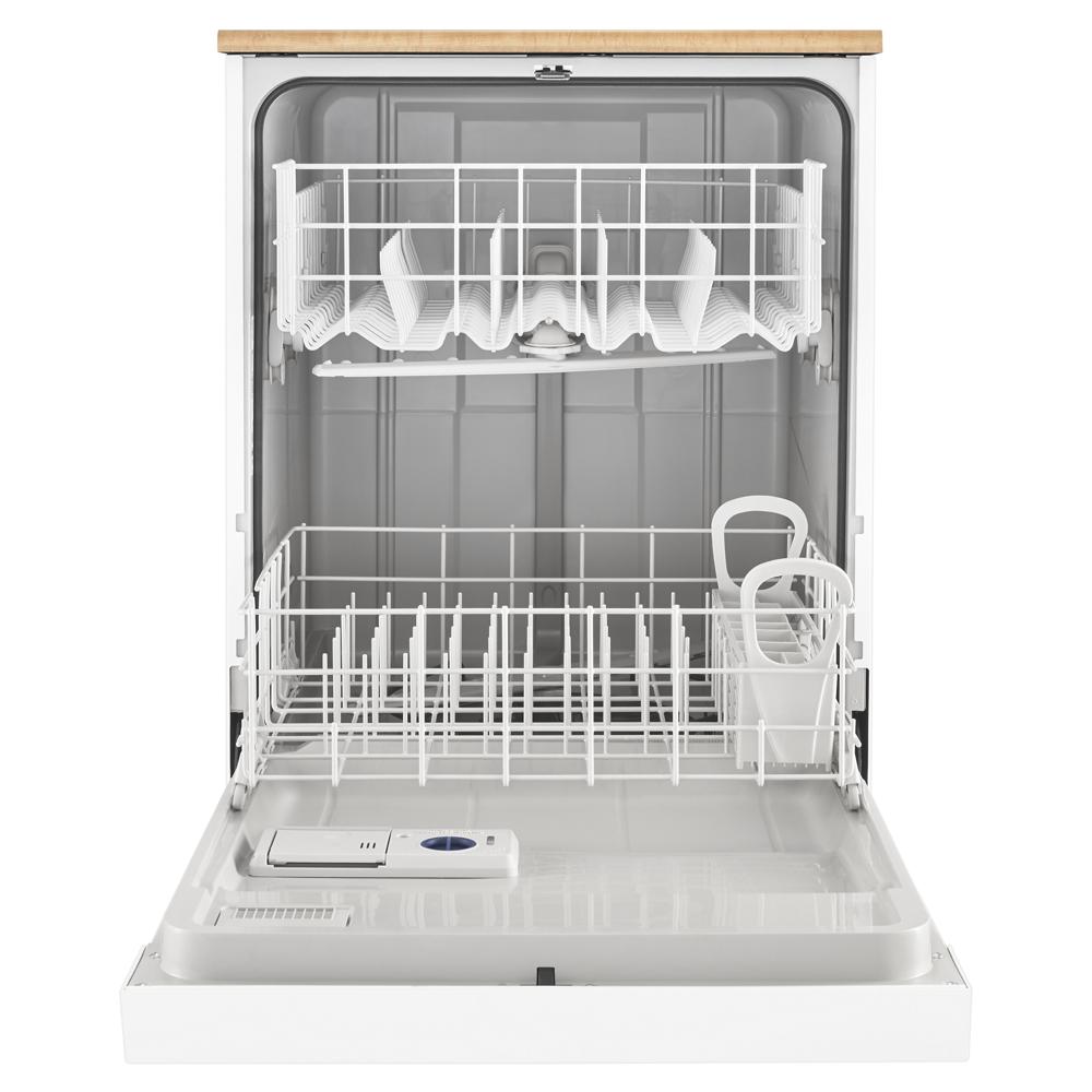 Open heavy-duty dishwasher with empty white racks and detergent dispenser visible in modern kitchen appliances collection