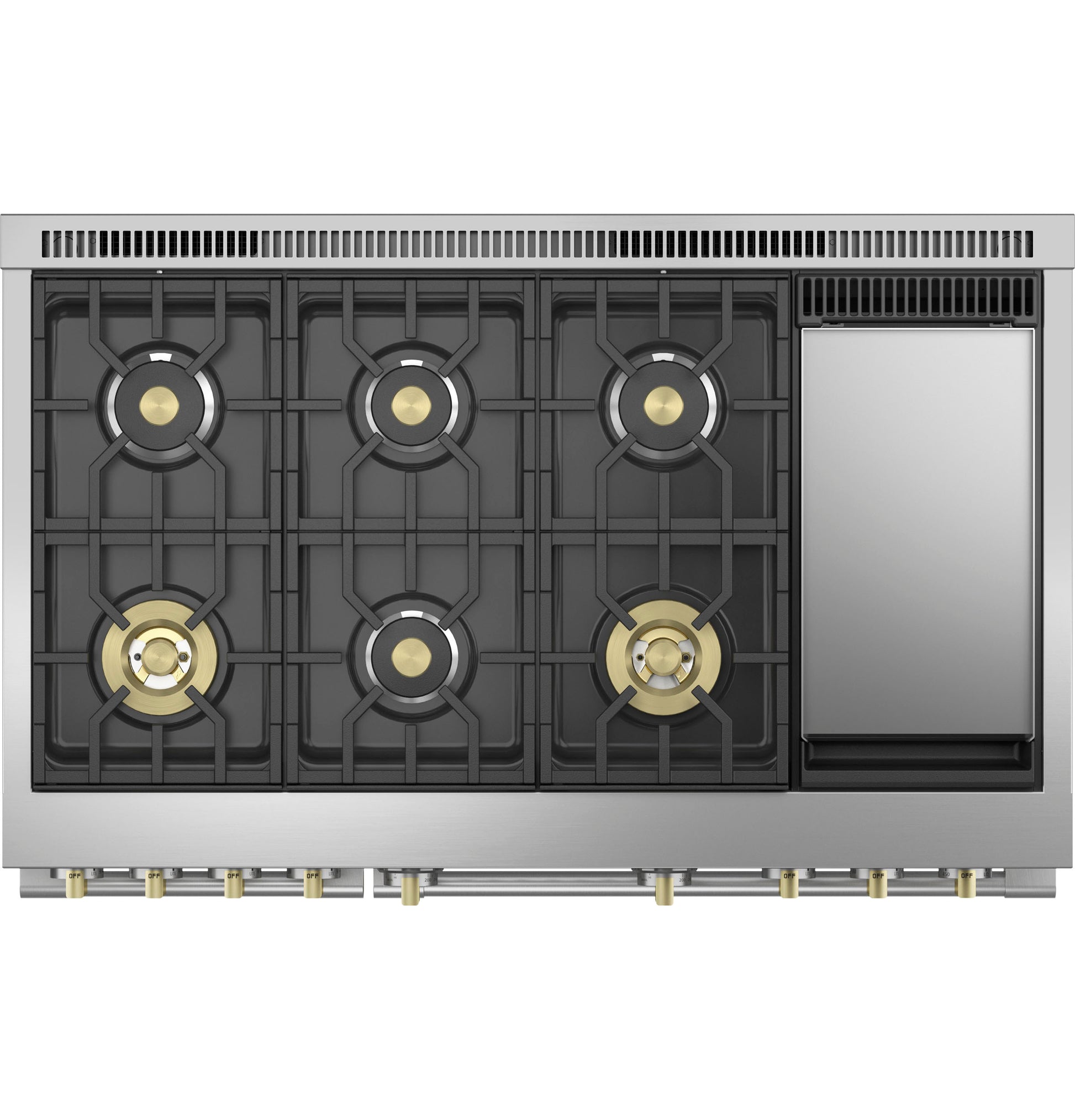 Top-down view of stainless steel dual-fuel range with six burners, griddle, and brass control knobs in ranges collection