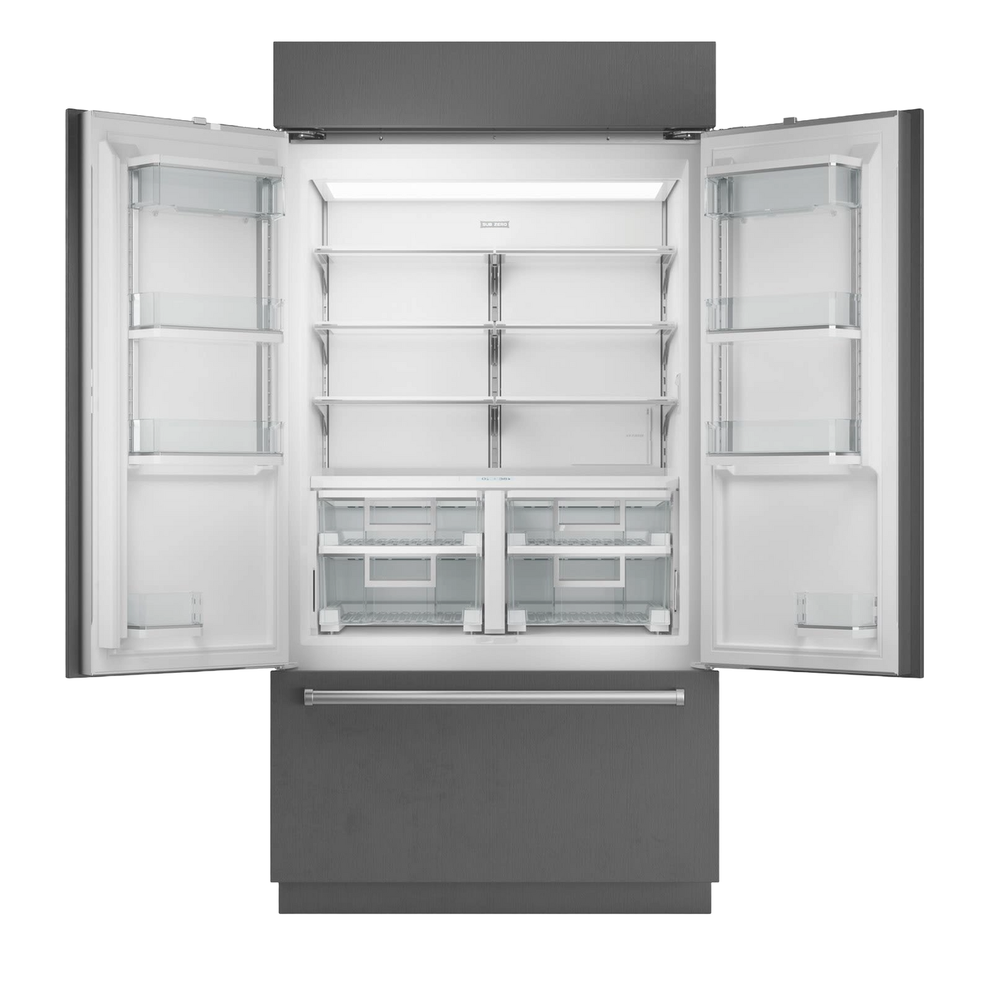 Modern stainless steel french door refrigerator with open doors showing adjustable shelves and clear drawers from Appliances collection