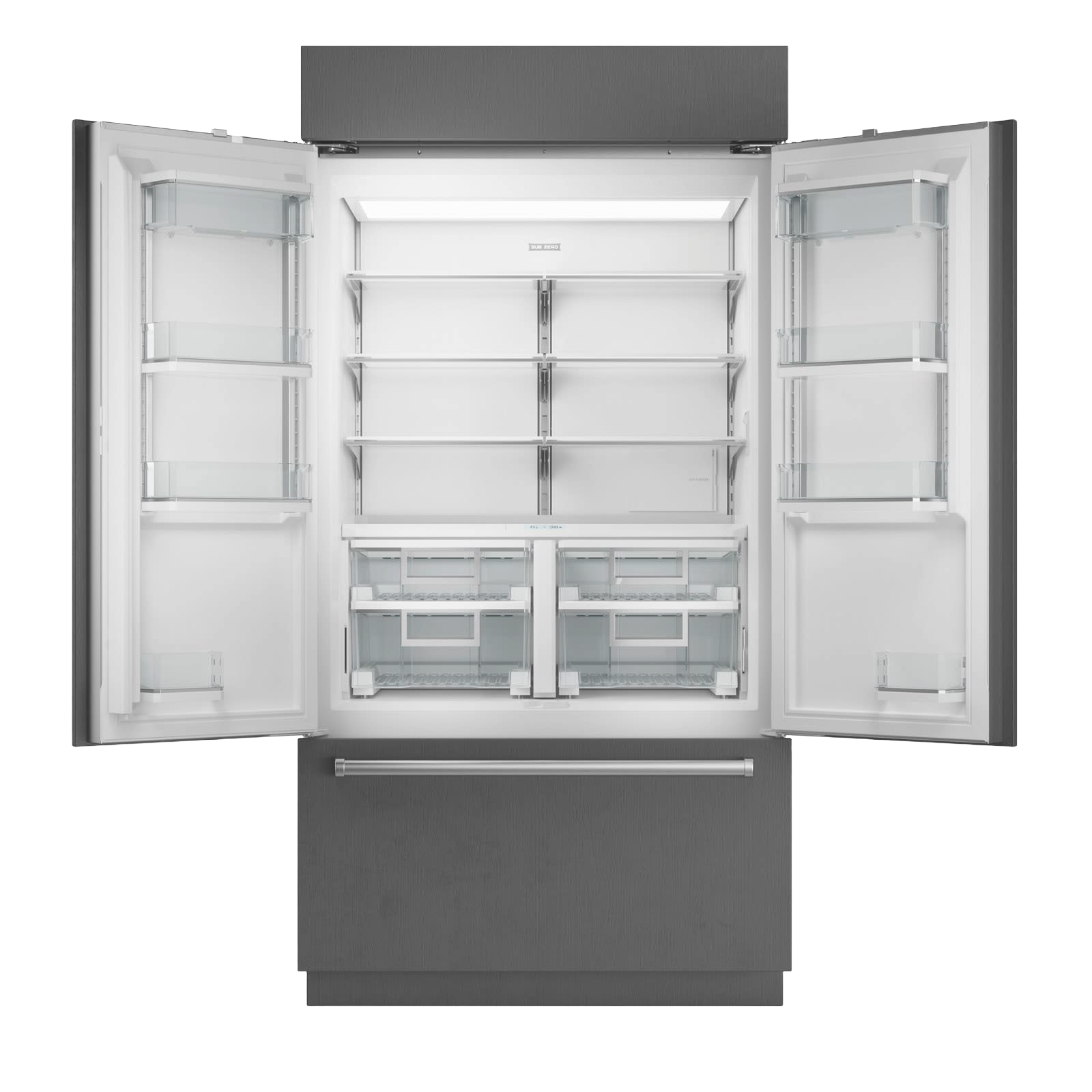 Modern stainless steel french door refrigerator with open doors showing adjustable shelves and clear drawers from Appliances collection