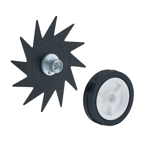 Garden tool attachment parts including a star-shaped edger blade and a durable rubber wheel for outdoor lawn care equipment
