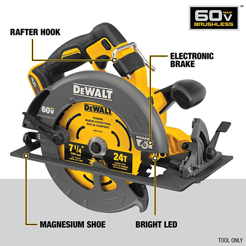 Yellow and black cordless 60V MAX 7-1/4 inch circular saw with electronic brake and LED for woodworking power tools