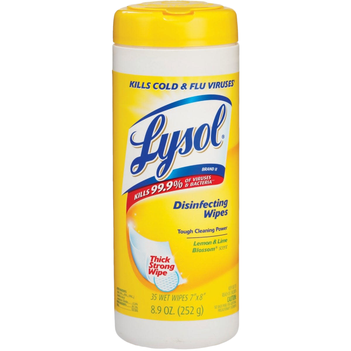 Container of yellow Lysol sanitizing wipes with lemon lime blossom scent for household cleaning supplies