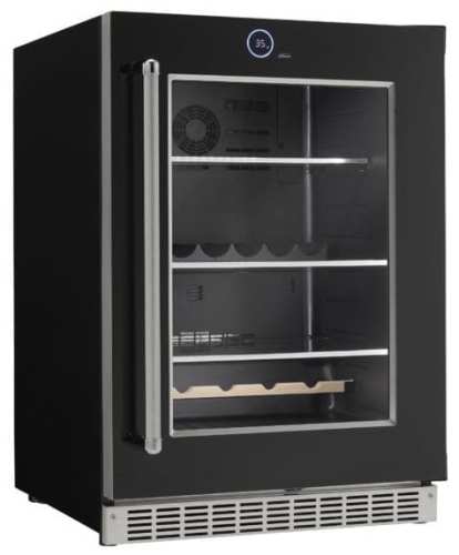 Built-in 24-inch beverage and wine center with glass door, stainless steel handle, and adjustable shelving in kitchen appliances collection
