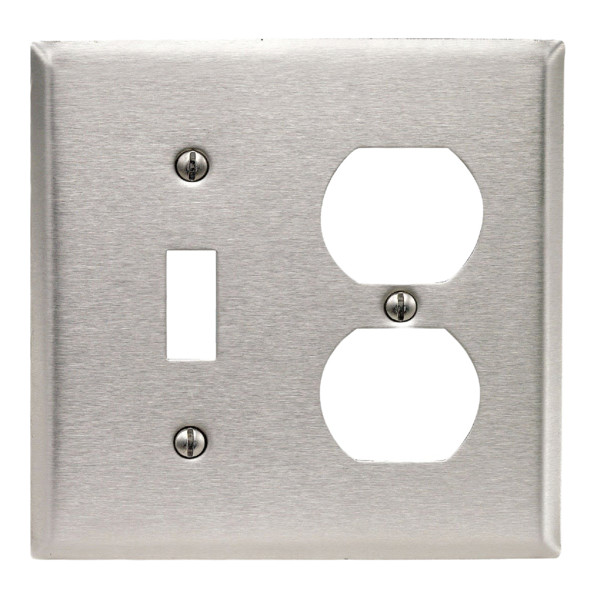 Brushed stainless steel wall plate with openings for one toggle switch and one duplex outlet for home improvement use