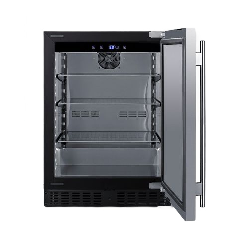 Open 24-inch wide built-in all-refrigerator with left-hand door swing and stainless steel finish in Appliances collection