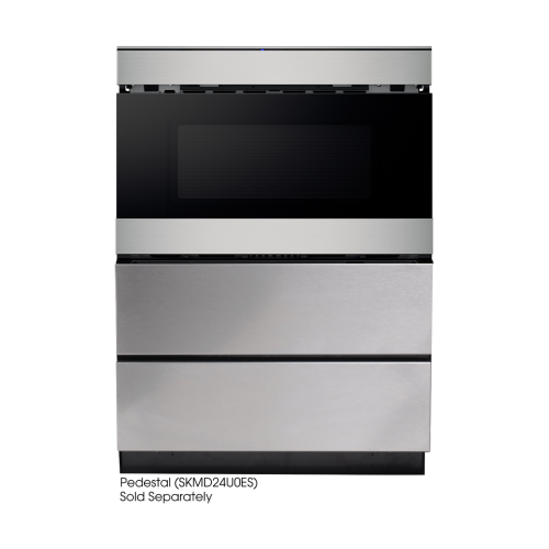 Built-in stainless steel flat panel microwave drawer with black glass front for modern kitchen appliances integration