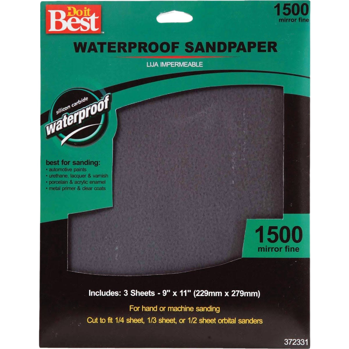 Package of three 1500-grit waterproof sandpaper sheets for wet sanding in home improvement and paint supplies collections