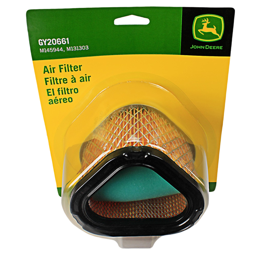 Triangular air filter with orange mesh and black plastic frame in yellow and green John Deere branded packaging