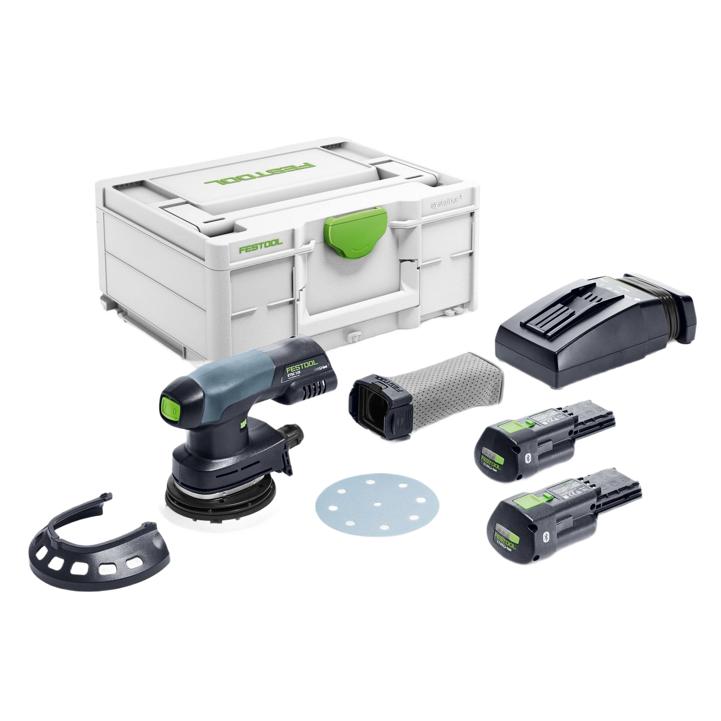 Cordless eccentric sander kit with two batteries, charger, sanding disk, dust filter, and storage case for home improvement tasks