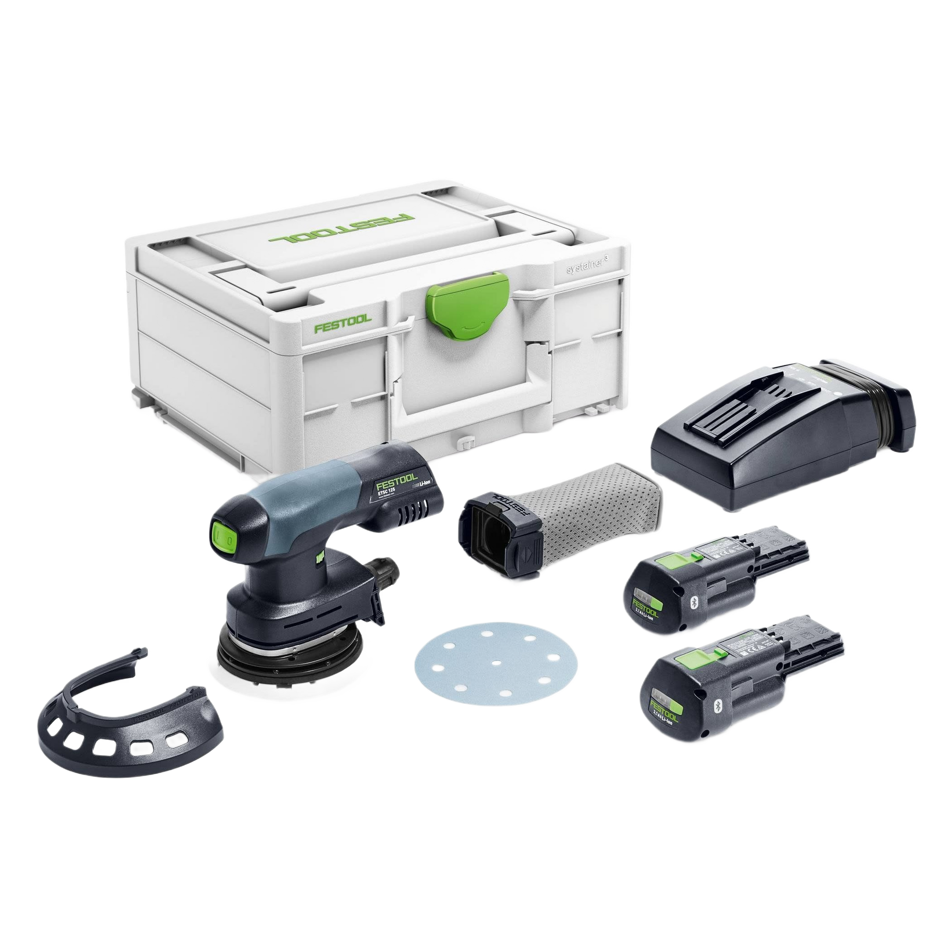 Cordless eccentric sander kit with two batteries, charger, sanding disk, dust filter, and storage case for home improvement tasks