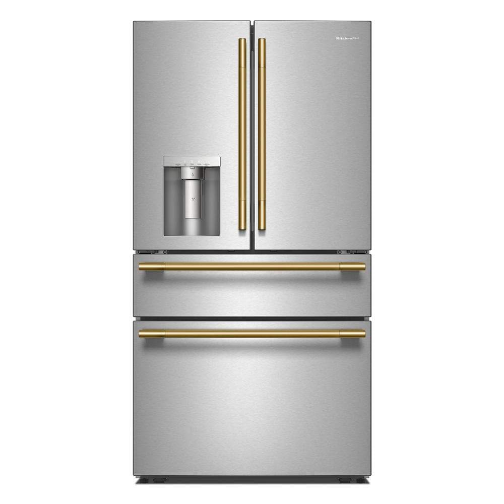 Stainless steel French door refrigerator with gold-tone handles and exterior water dispenser for kitchen appliances collection