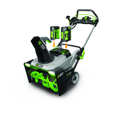 Cordless snow blower with steel auger and dual batteries featuring dual port charger for tools and home improvement use