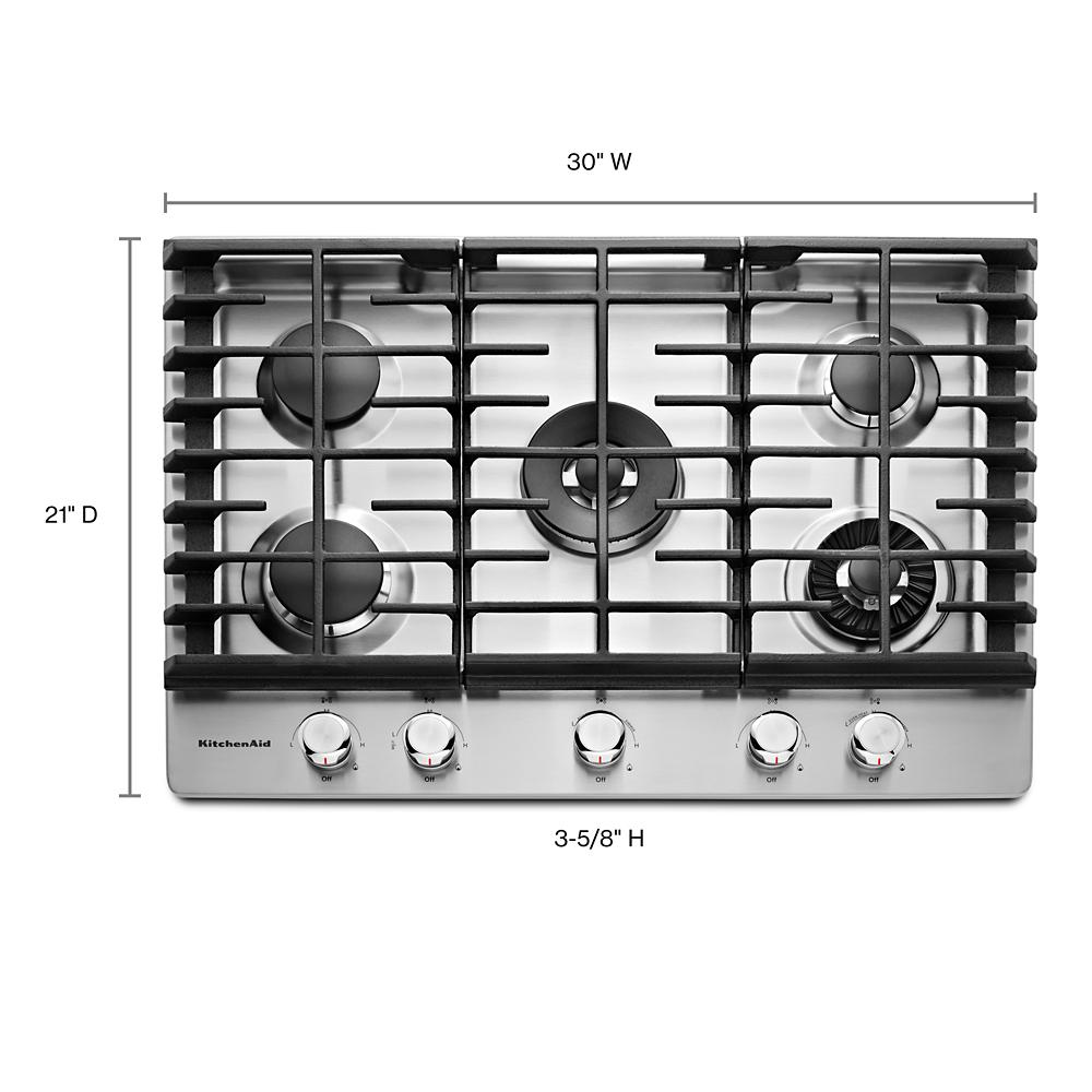 Brushed stainless steel 5-burner gas cooktop with griddle and front control knobs for home improvement tasks