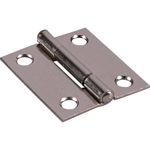 Satin nickel finish broad hinge with four screw holes for cabinet and furniture hardware applications under $50
