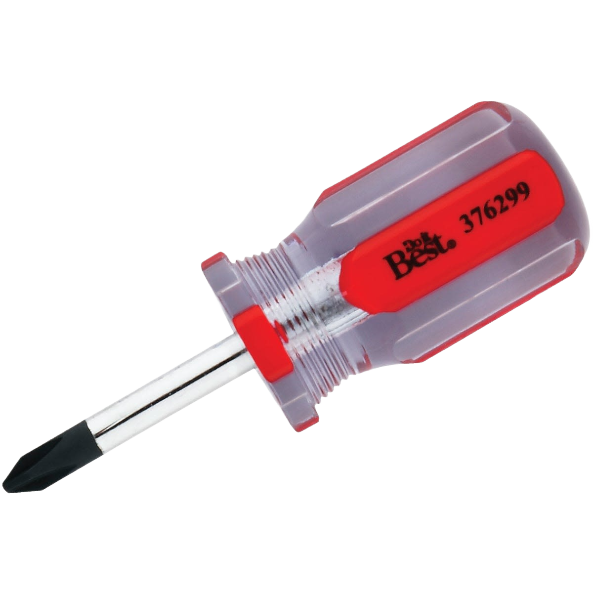Stubby Phillips screwdriver with red and translucent handle, designed for tools and home improvement tasks