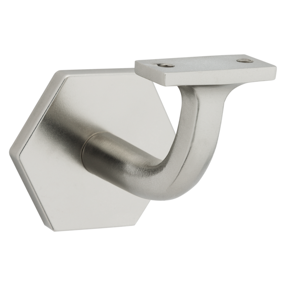 Satin nickel handrail bracket with hexagonal base designed for secure wall mounting in home improvement projects