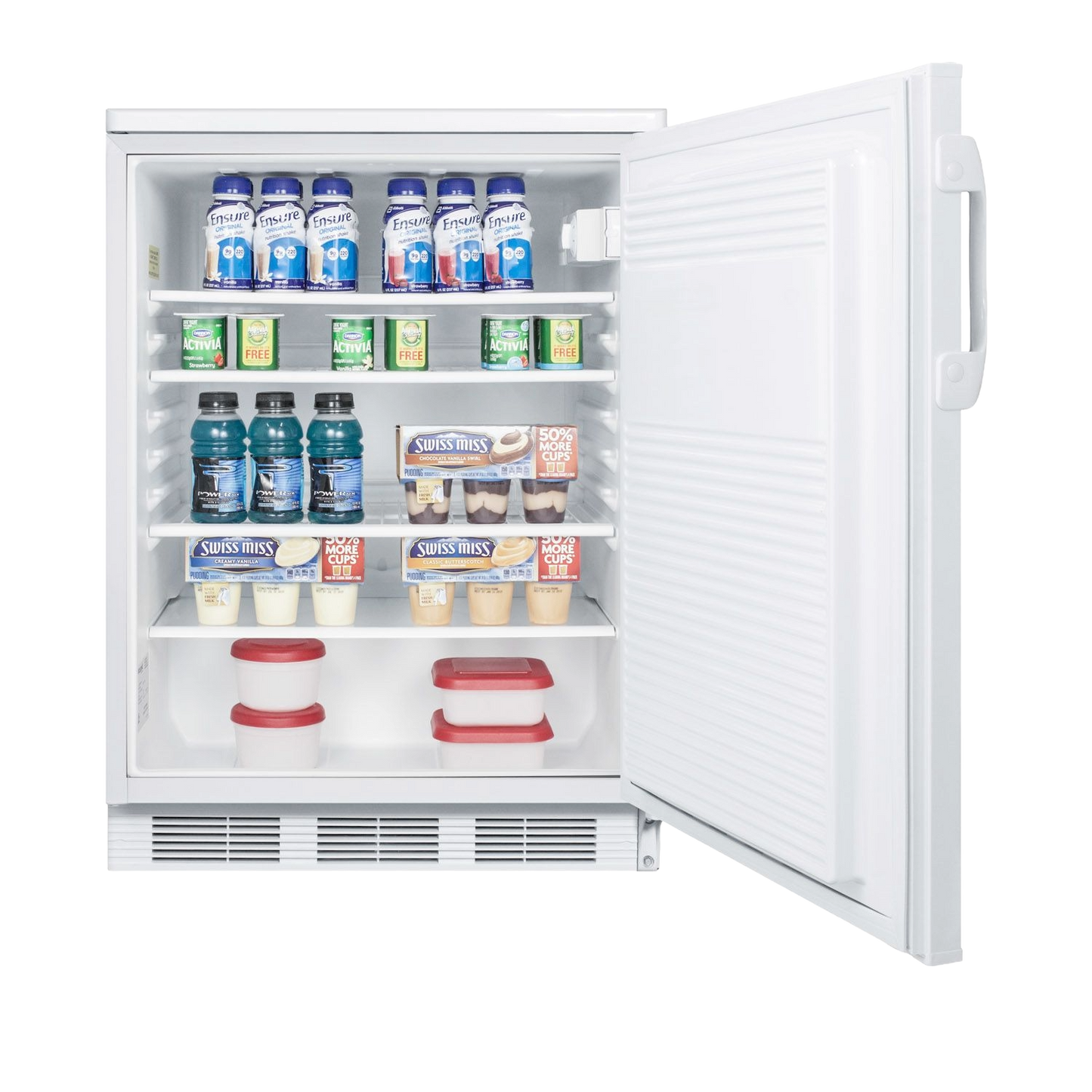 White single-door all-refrigerator open to show organized shelves with drinks and food containers for kitchen appliances