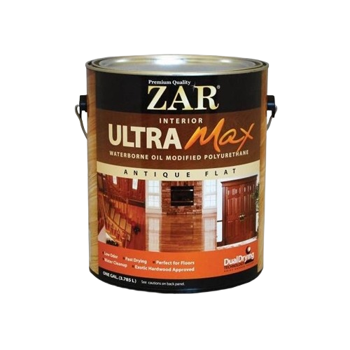 Gallon can of ZAR Ultra Max Antique Flat Polyurethane for interior use with fast drying and durable finish for floors