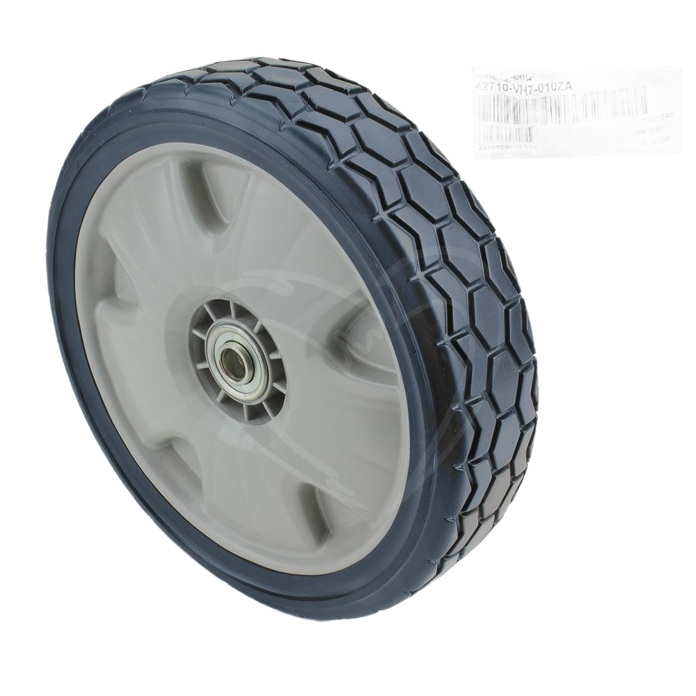 Black treaded wheel with gray plastic hub and central metal bearing for Honda parts and lubricants collection under $50