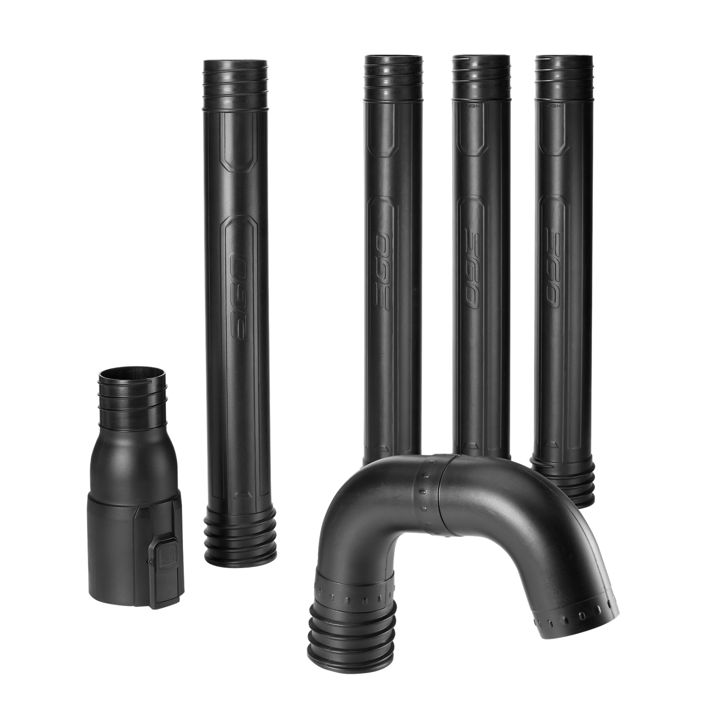 Set of black plastic extension tubes and curved attachment for easy gutter cleaning with leaf blower tools collection