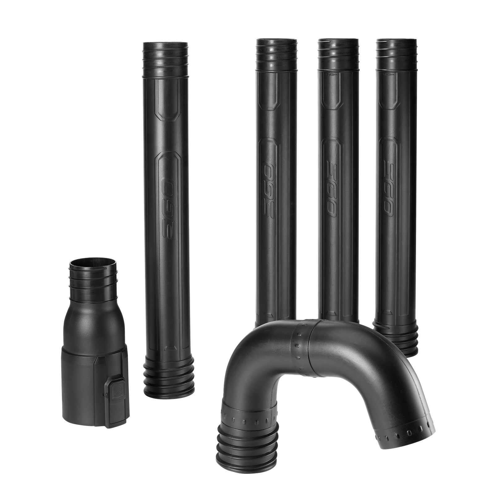 Set of black plastic extension tubes and curved attachment for easy gutter cleaning with leaf blower tools collection
