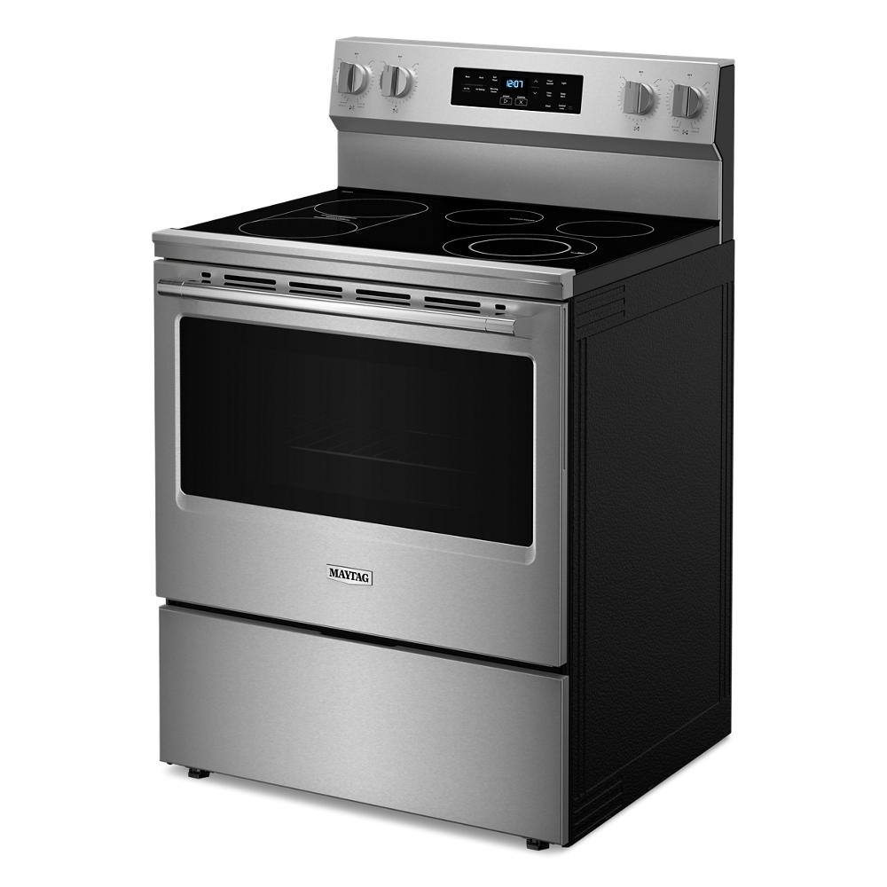 Stainless steel electric range with smooth cooktop, control knobs, digital display from Ranges and Appliances collections