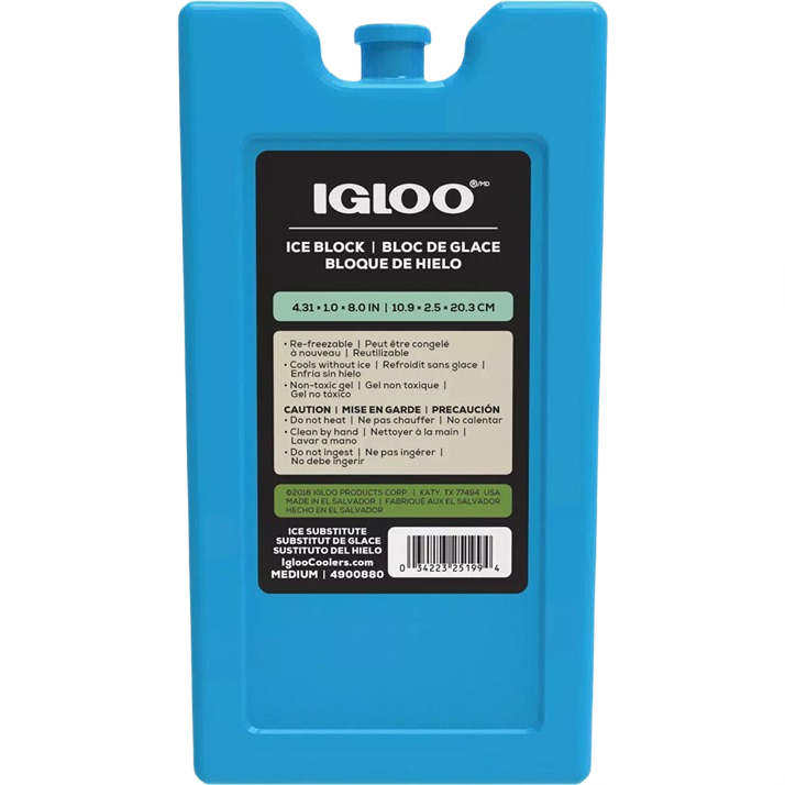 Blue reusable ice block designed for medium coolers to keep contents cold during outdoor and home activities