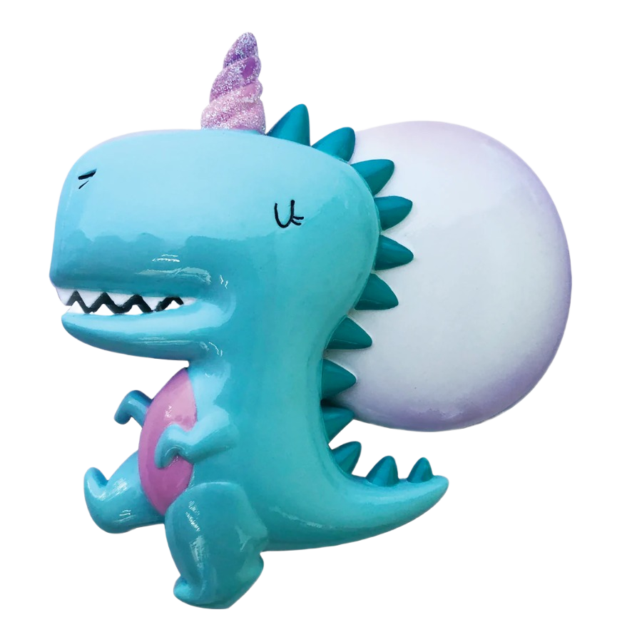 Glossy blue dinosaur unicorn ornament with pink belly and glitter purple horn for Christmas decorations under $50