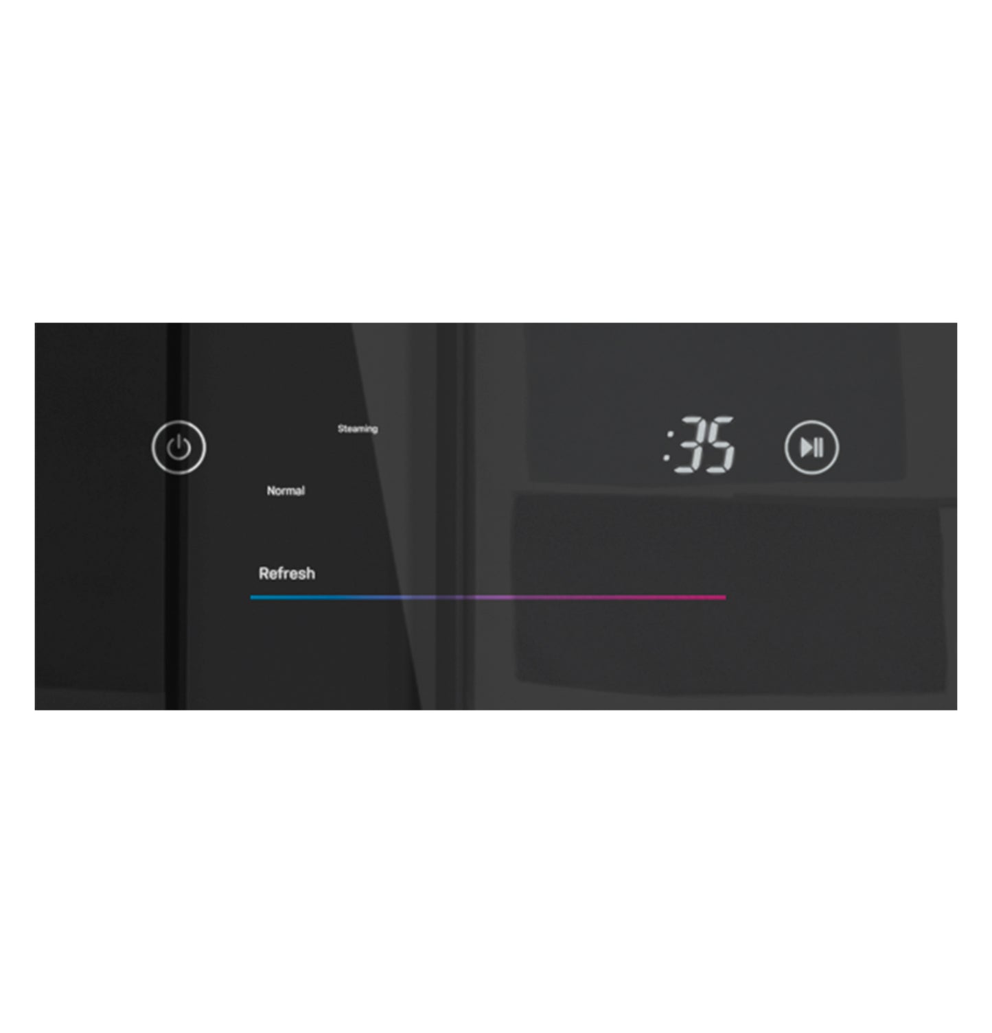 Close-up of sleek black steam closet control panel showing power button, cycle options, and digital timer display