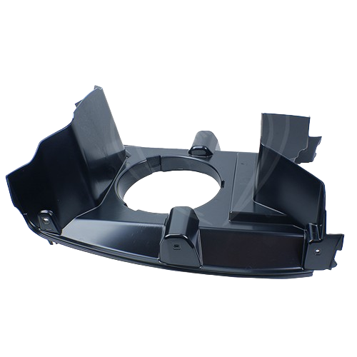 Black molded plastic air plenum component with mounting points designed for ventilation in machinery or equipment systems