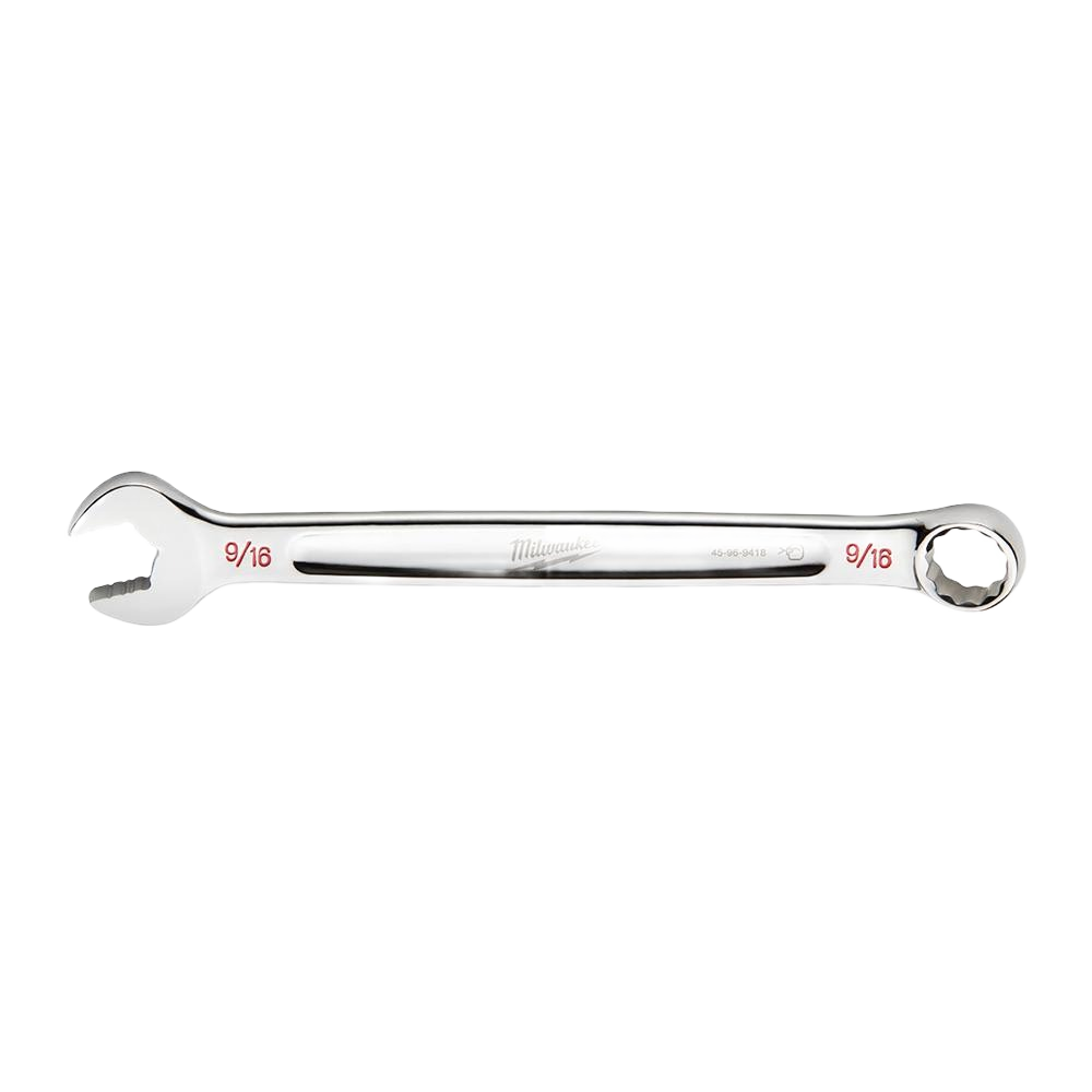 Chrome polished 9/16 inch SAE combination wrench with open and box ends for tools and home improvement tasks