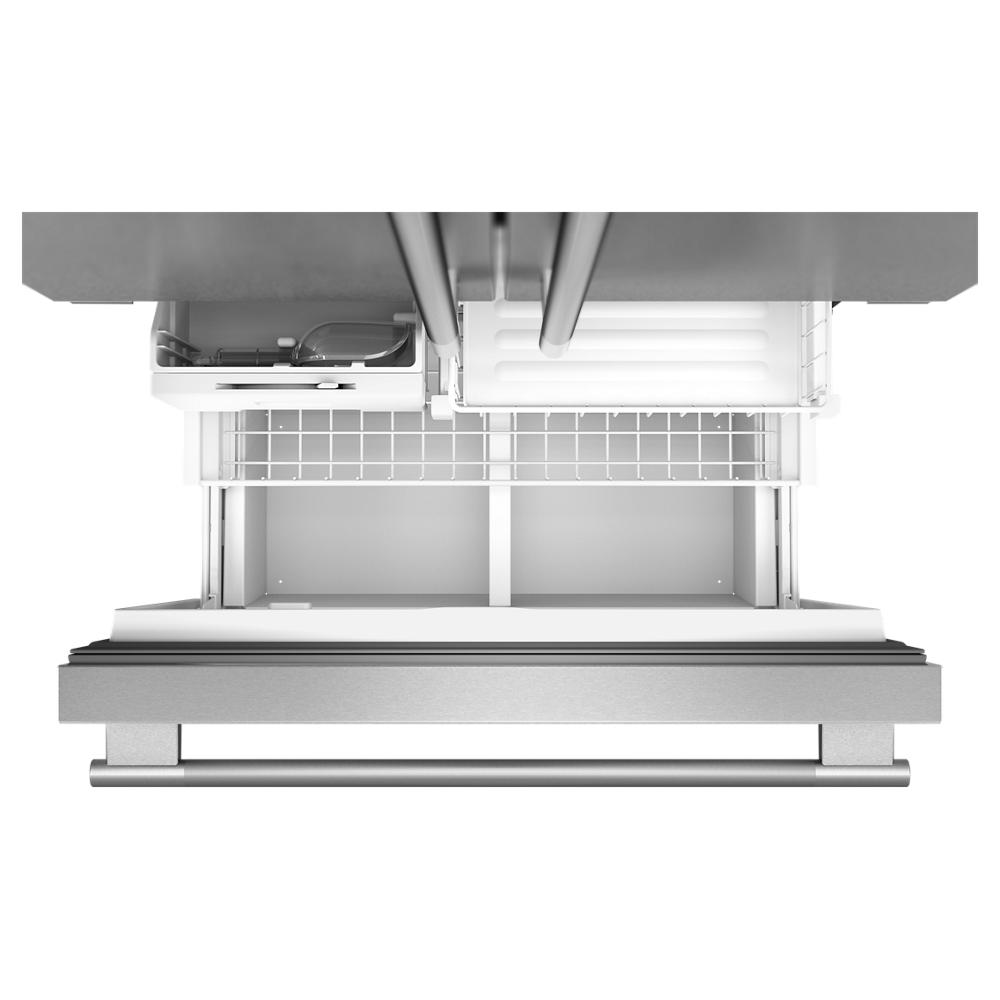 Top view of open bottom freezer drawer with wire baskets and divider in stainless steel French door refrigerator