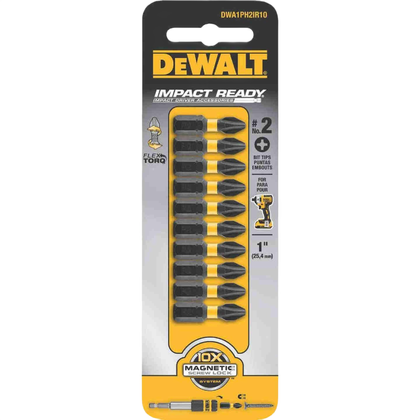 Pack of ten DEWALT 1-inch #2 FLEXTORQ Phillips impact bits for power tool accessories in home improvement collections