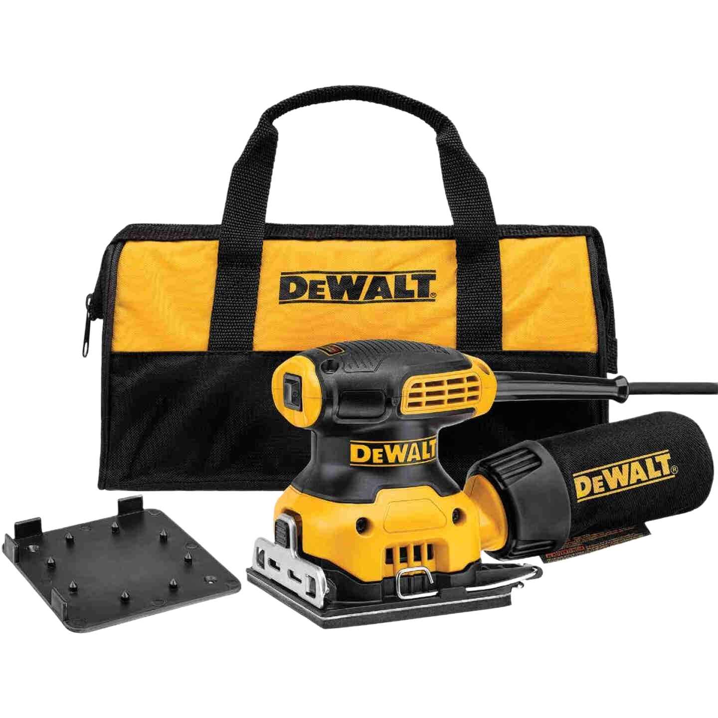 Yellow and black palm grip sander with dust bag, sanding pad, and yellow and black tool carrying bag for home projects