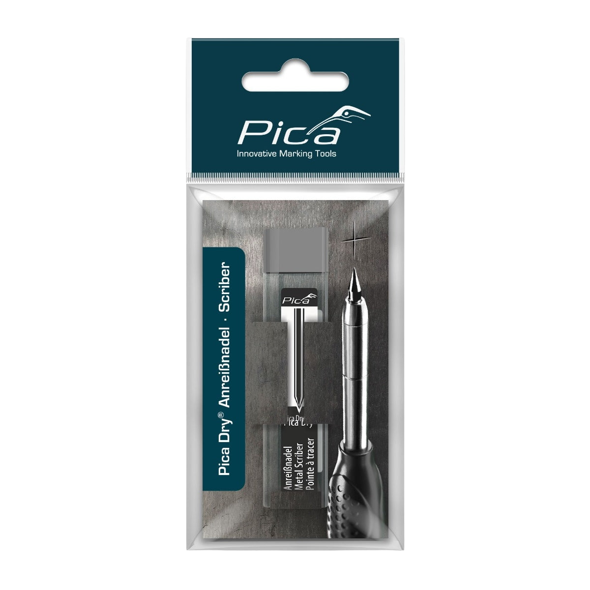 Pica Dry carbide scriber needle in clear plastic packaging for precise marking in woodworking and hand tools collections