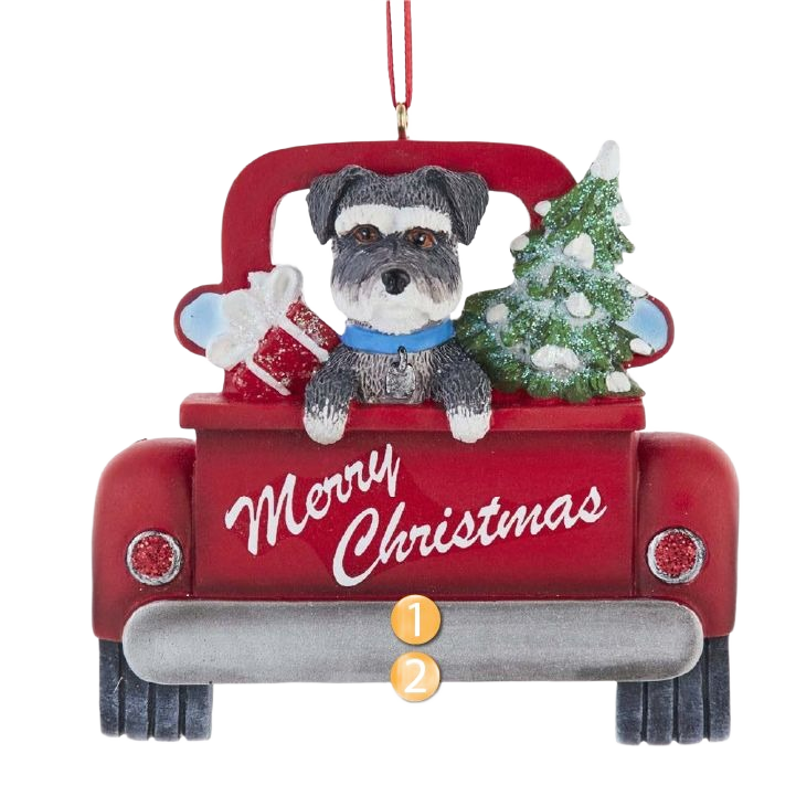 Red resin Christmas ornament with Schnauzer dog, tree, and gifts in truck for holiday decor under $50