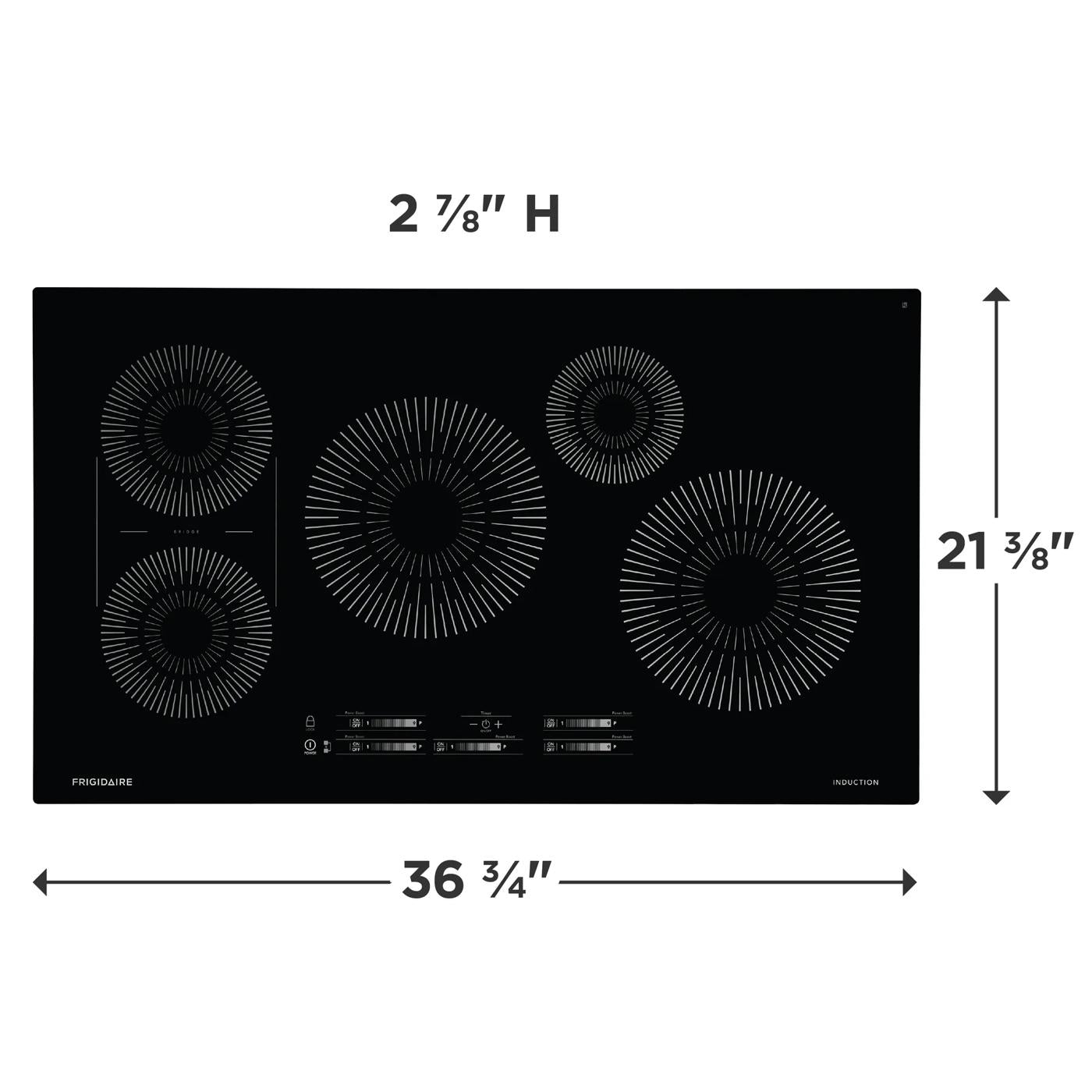 Black induction cooktop with five burners and touch controls, sized for kitchen appliance and cooktop collections.