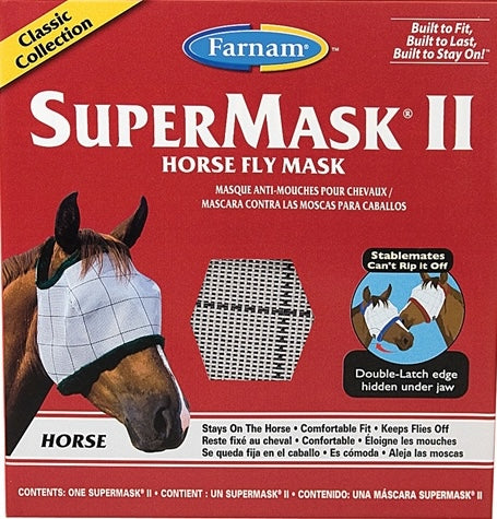 Protective horse fly mask with secure fit and durable double-latch design for effective fly control and comfort